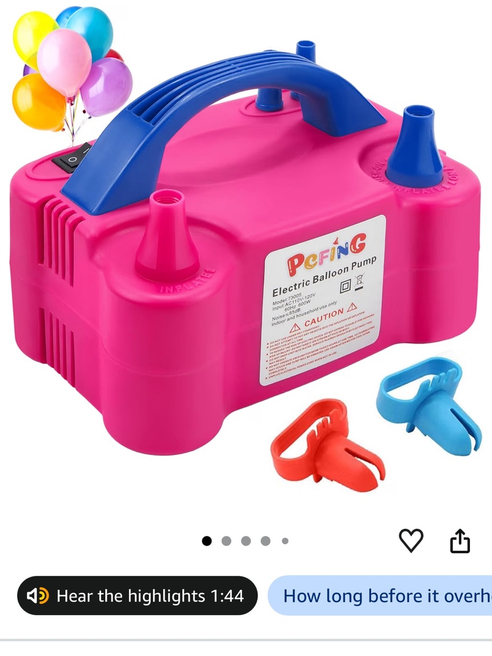 PCFING Electric Balloon Pump Dual Nozzle Inflator With Tie Tools Pink